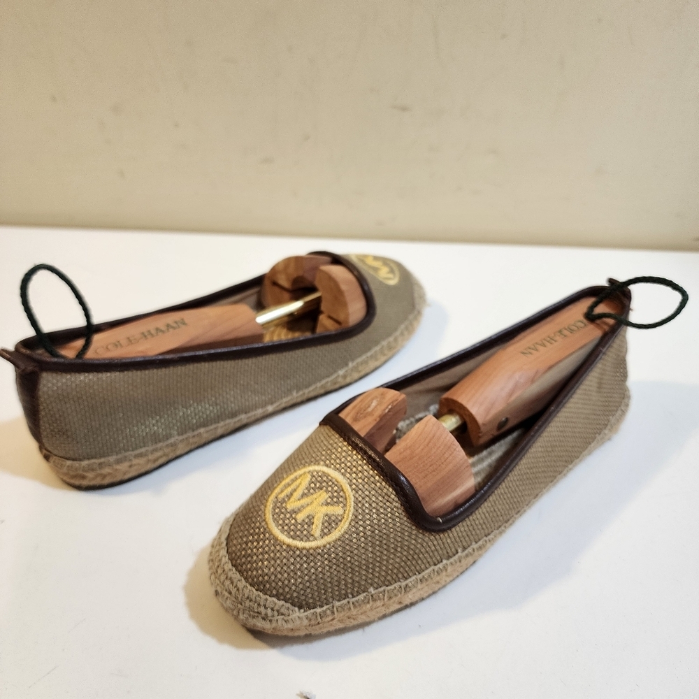 Michael Kors Olive Green Canvas Espadrille Flats with Gold Logo